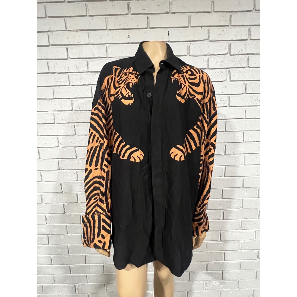 Farm Rio Black Orange Tiger Graphic Oversized Button Down Shirt Womens | Small - Picture 3 of 14